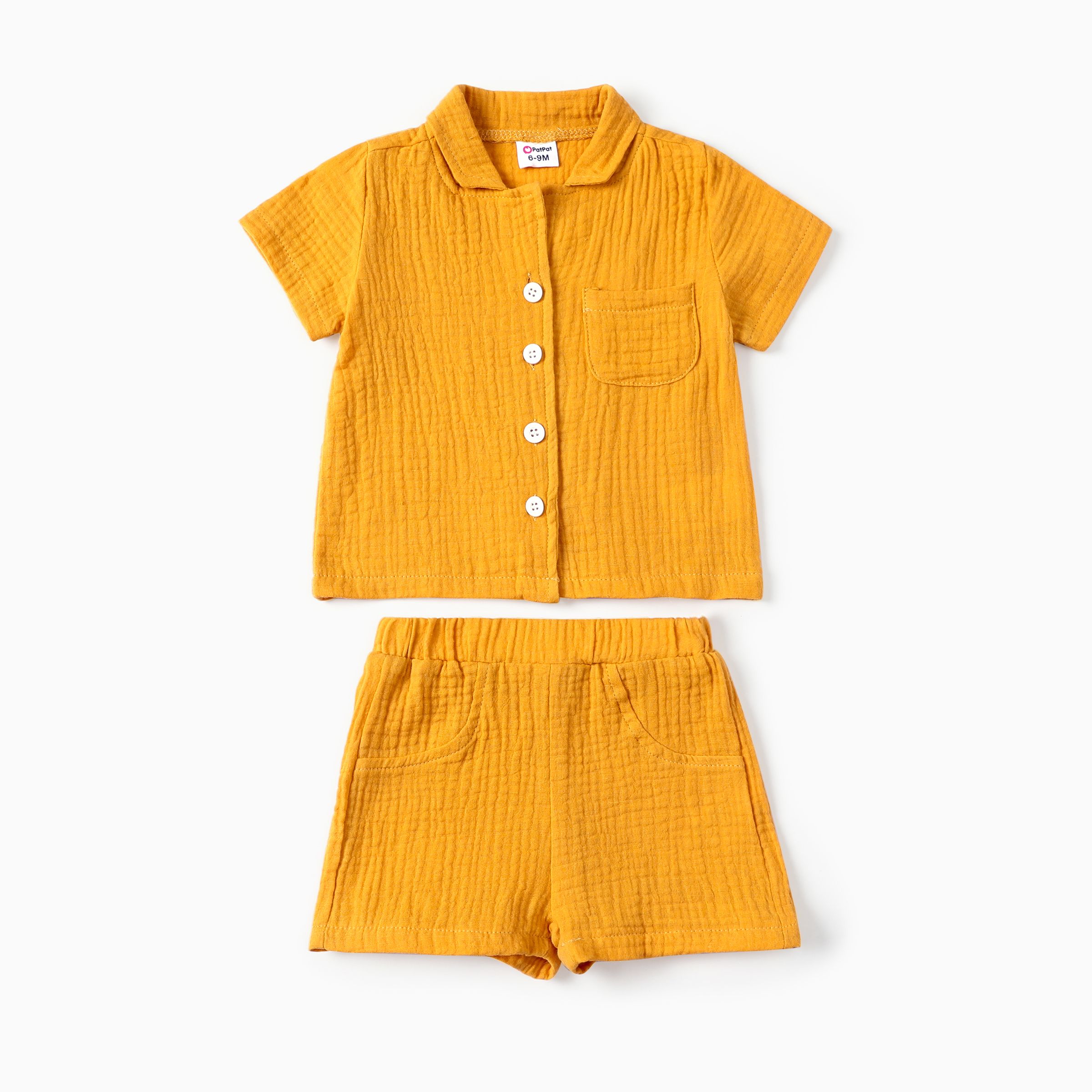 夏季幼兒黃色純棉 2 件套休閒短袖短褲套裝，翻領設計
