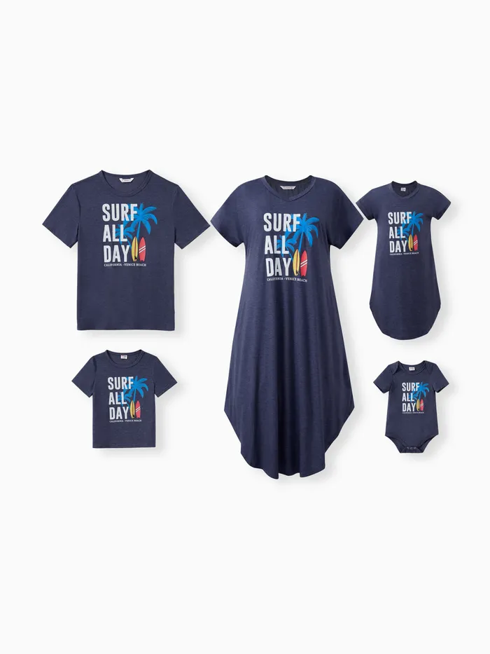 Family Matching Sets Deep Blue Coconut Tree and Slogan Printed Tee or Short Sleeves A-Line Dress With Pockets