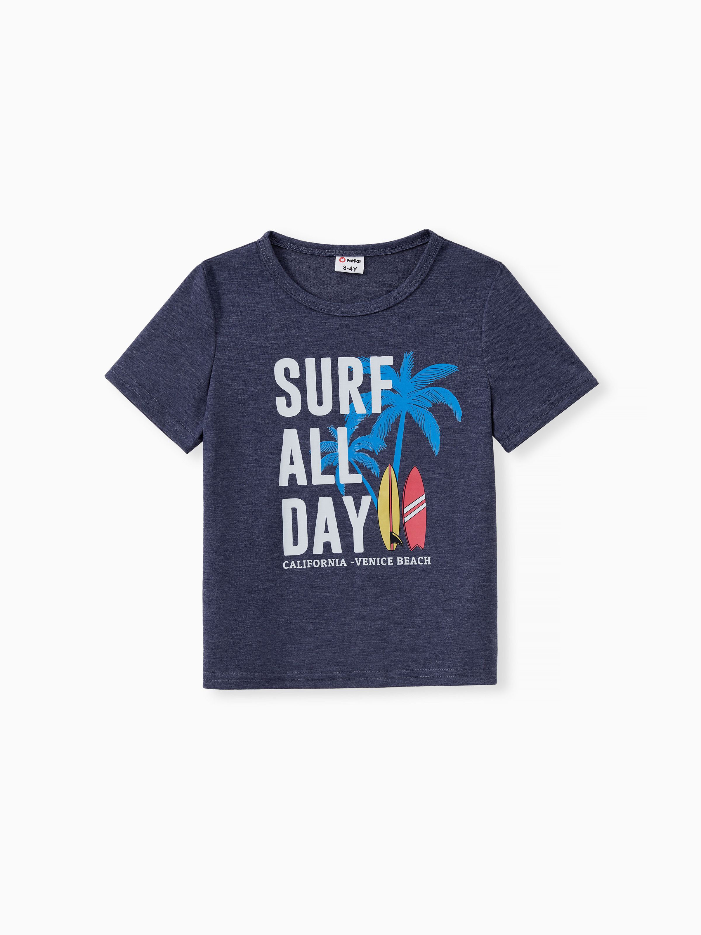 

Family Matching Sets Deep Blue Coconut Tree and Slogan Printed Tee or Short Sleeves A-Line Dress With Pockets