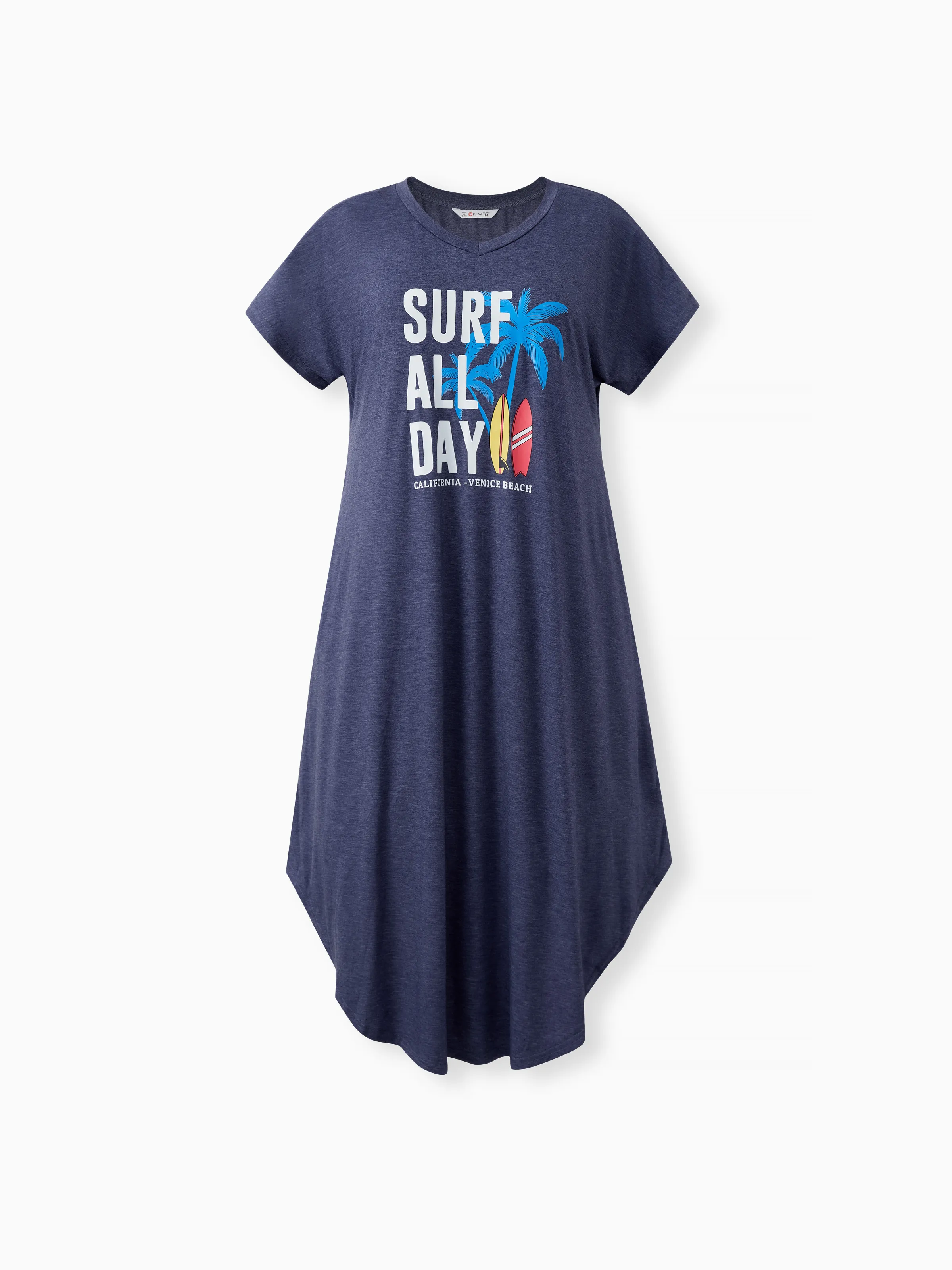 

Family Matching Sets Deep Blue Coconut Tree and Slogan Printed Tee or Short Sleeves A-Line Dress With Pockets