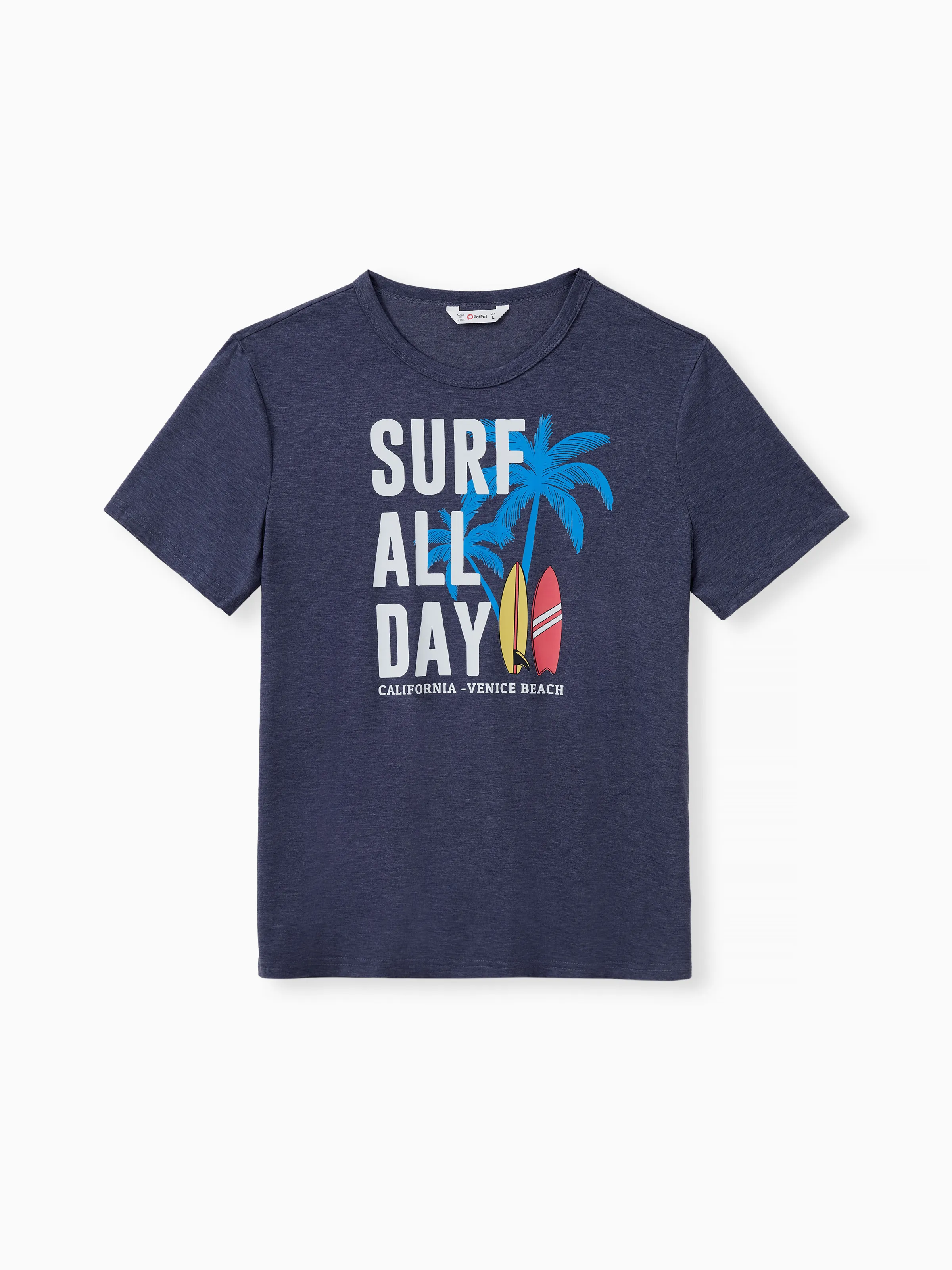 

Family Matching Sets Deep Blue Coconut Tree and Slogan Printed Tee or Short Sleeves A-Line Dress With Pockets