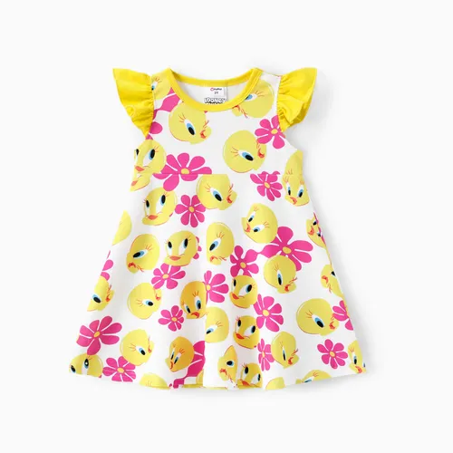 Looney Tunes 蹣跚學步的女孩 1 件花卉角色印花飄袖連衣裙