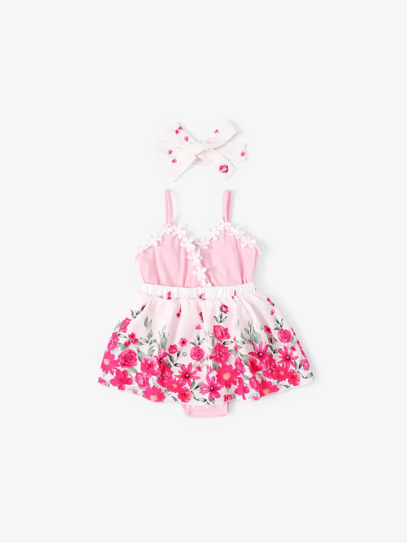 3pcs Baby Girl Lace Summer Floral Design Jumpsuit Pink big image 1