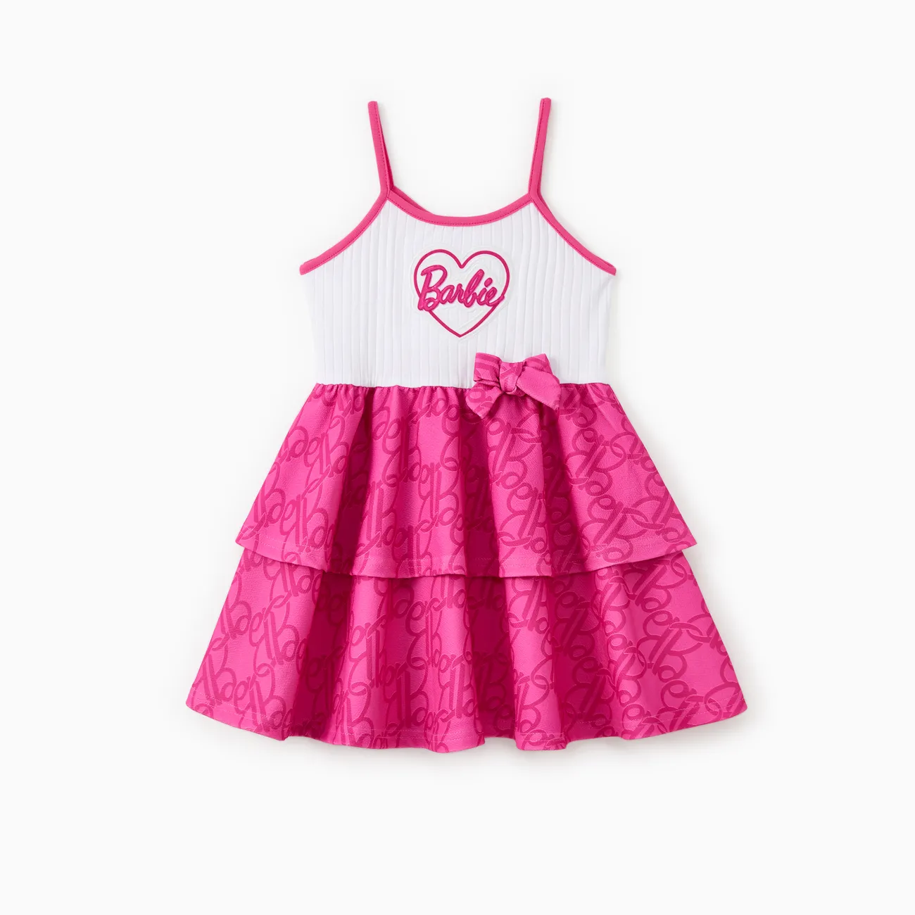 Barbie Mommy and Me Classic Letter Print Cotton Ruffle Bowknot Dress PinkyWhite big image 1