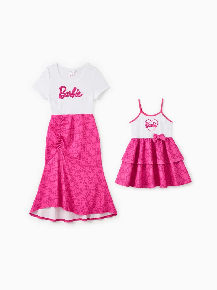 Barbie Mommy and Me Classic Letter Print Cotton Ruffle Bowknot Dress