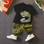 2 pezzi Bambino piccolo Ragazzo Tasca applicata Infantile Dinosauro set di t-shirt Nero