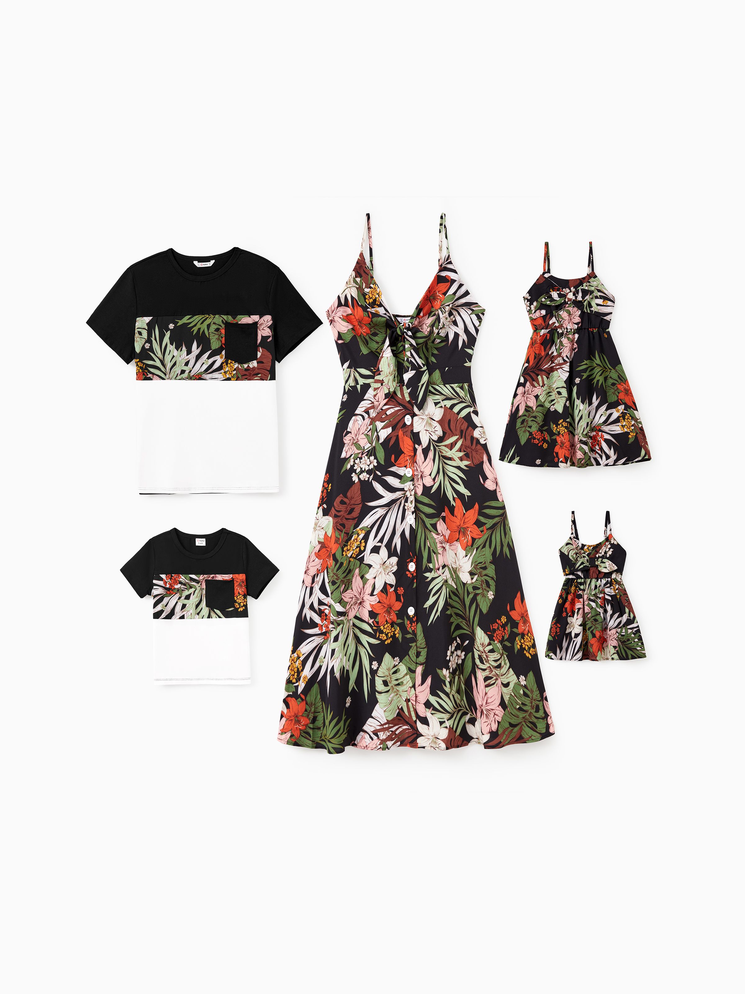 

Family Matching Floral Panel Tee or Floral Patterned Button Up Tie Front Strap Dress Sets