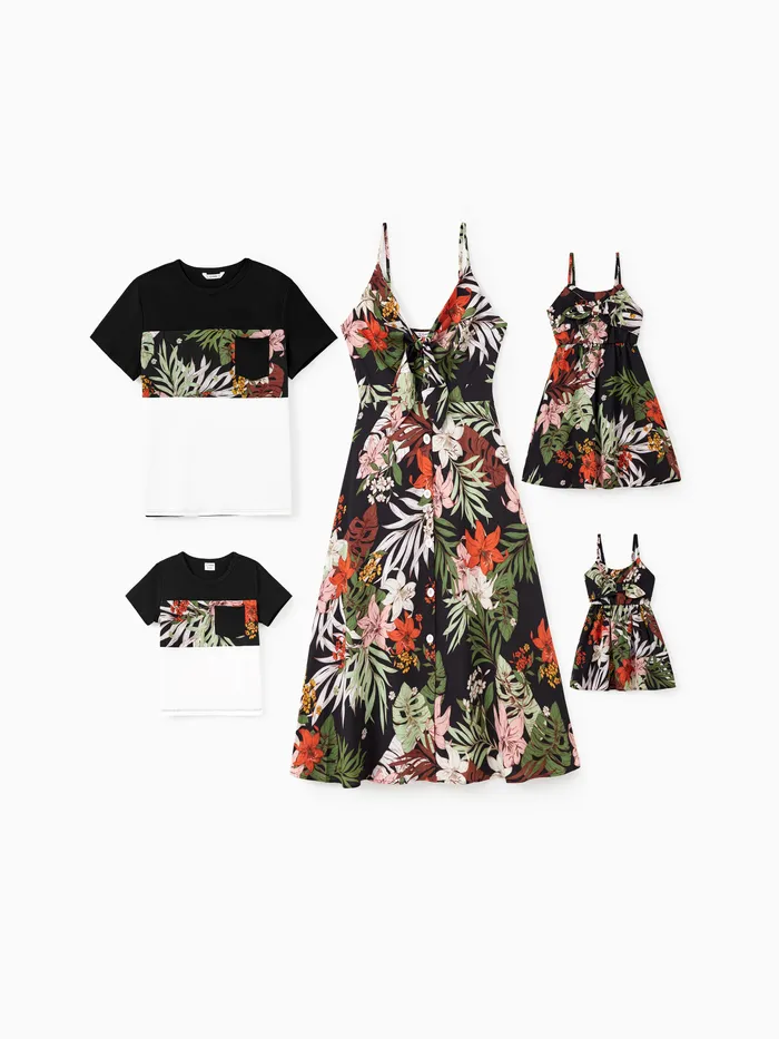 Family Matching Floral Panel Tee or Floral Patterned Button Up Tie Front Strap Dress Sets