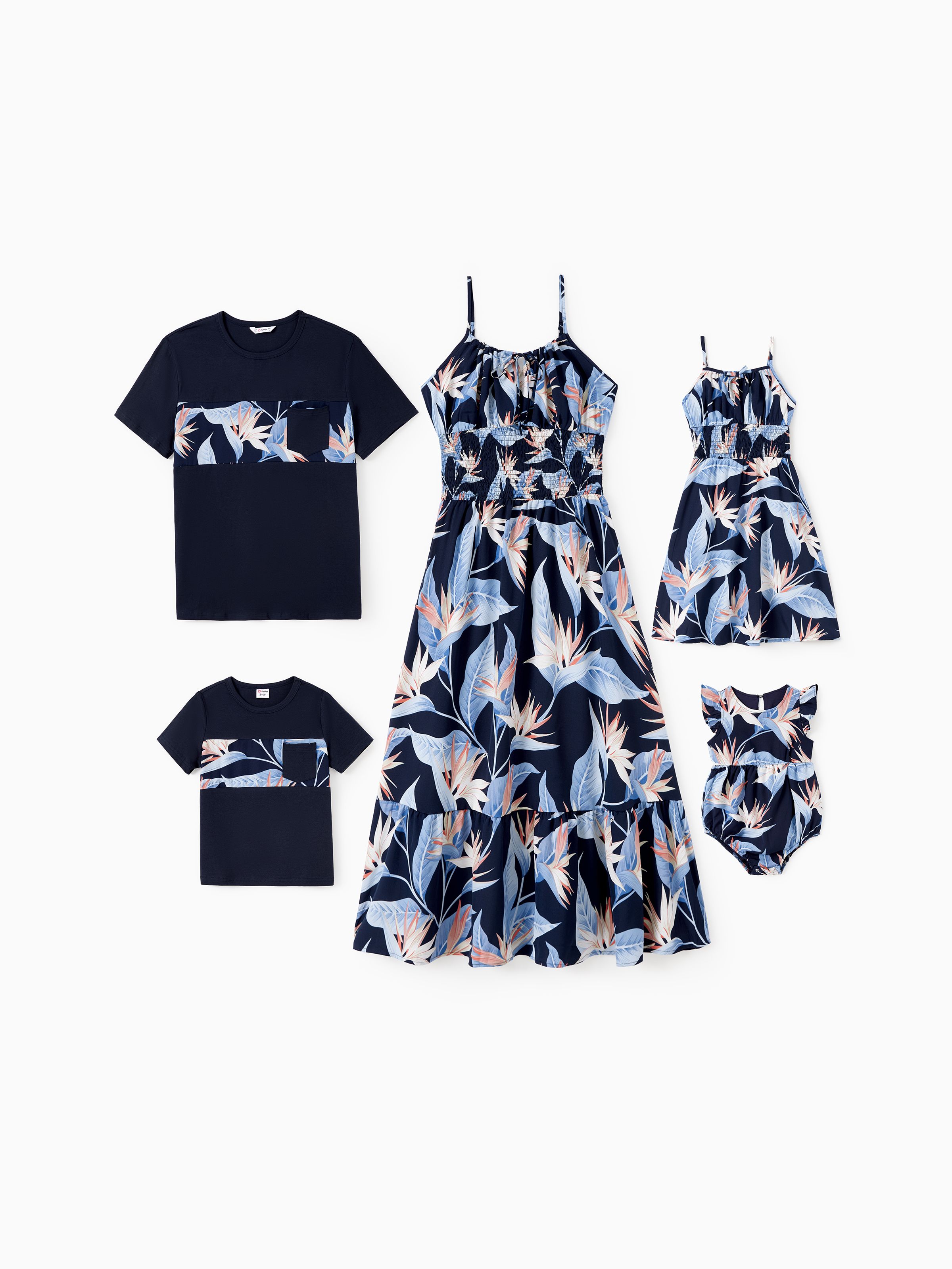 

Family Matching Floral Panel Tee or Ruched Bust Shirred Waist Floral Ruffled Strap Dress Sets
