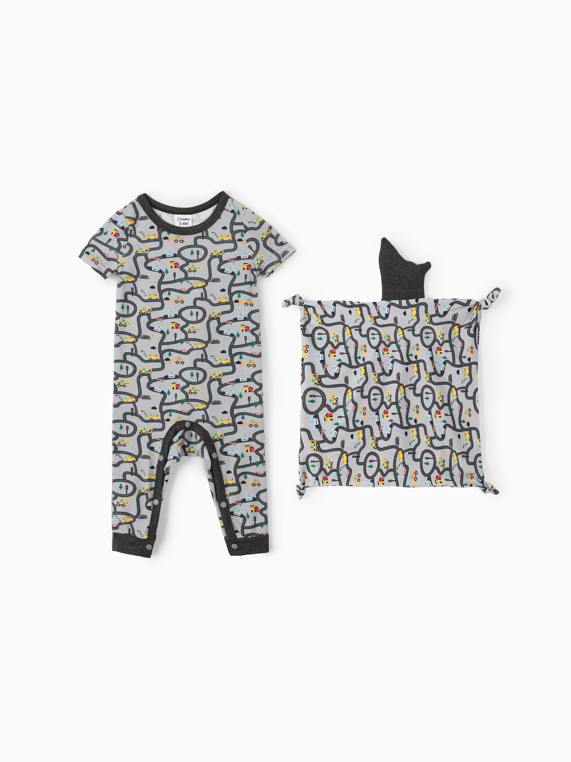 Baby Boy/Girl 2pcs Bamboo Fabric Vehicle Print Pajama Jumpsuit with Soothing Towel