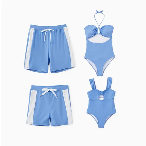 UPF50+ 家庭配套泳衣藍色抽繩泳褲或交叉前鏤空掛脖連體泳衣（防曬）