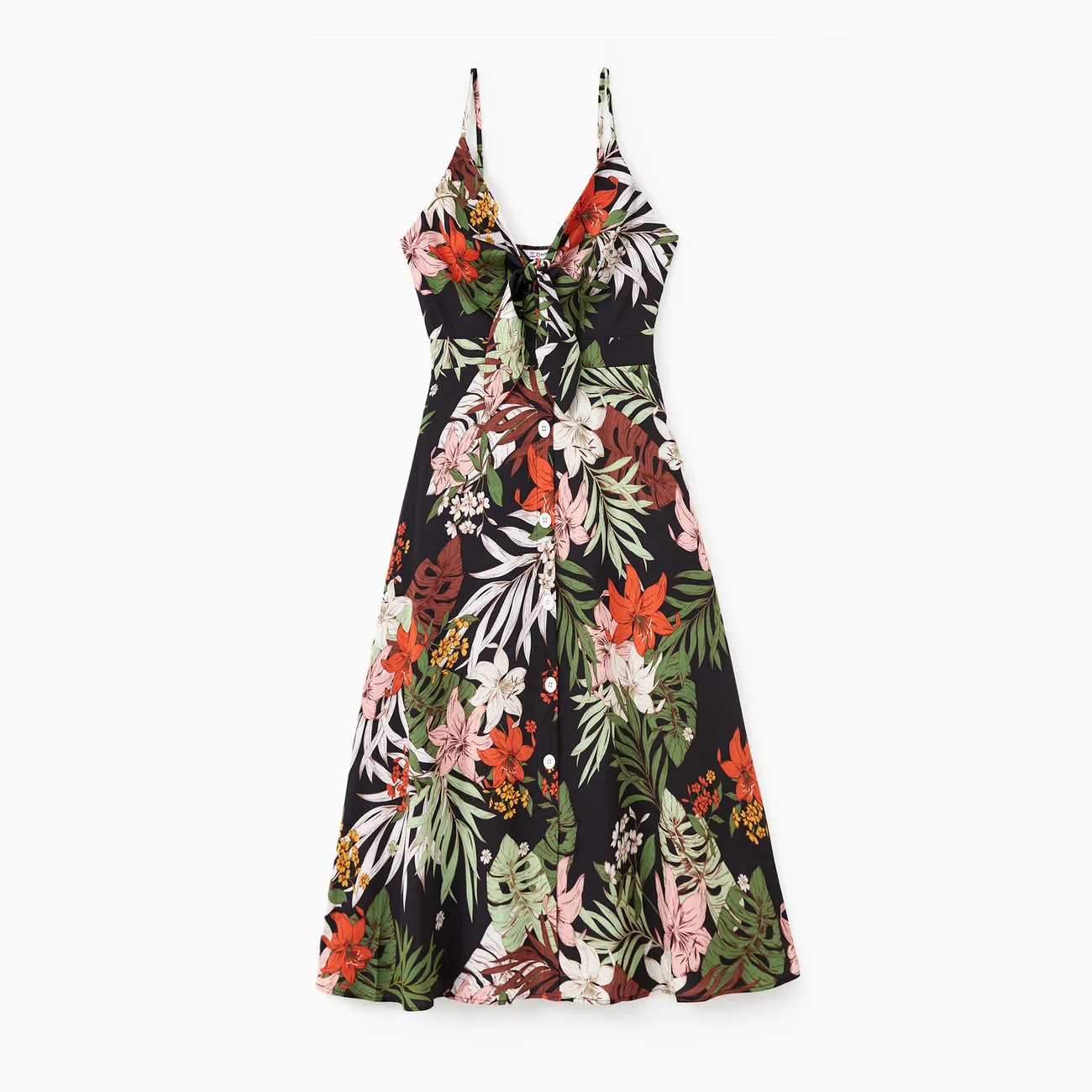 Family Matching Floral Panel Tee or Floral Patterned Button Up Tie Front Strap Dress Sets