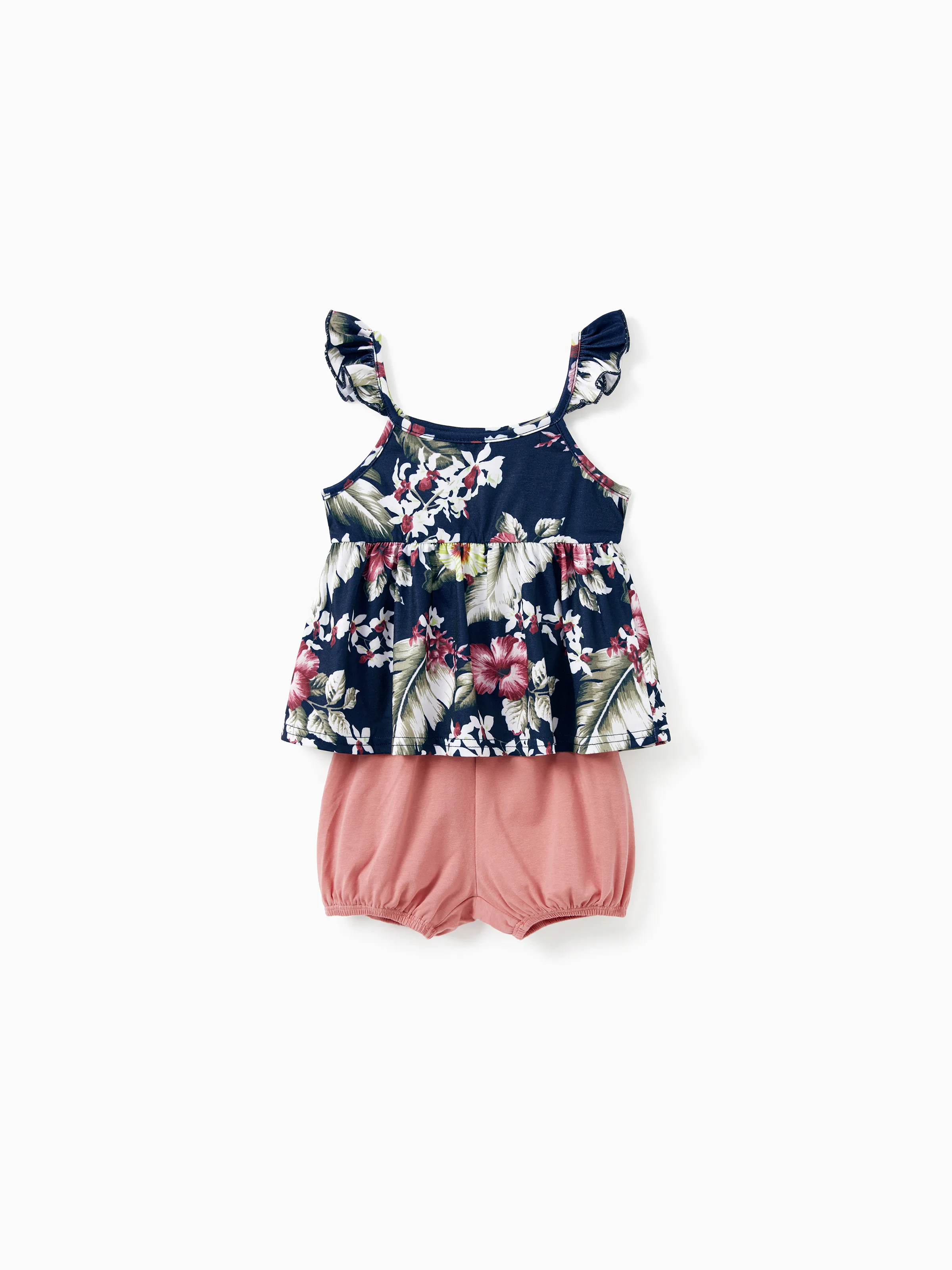 

Family Matching Sets Floral Panel Tee or Button Up Belted Strap Dress with Pockets