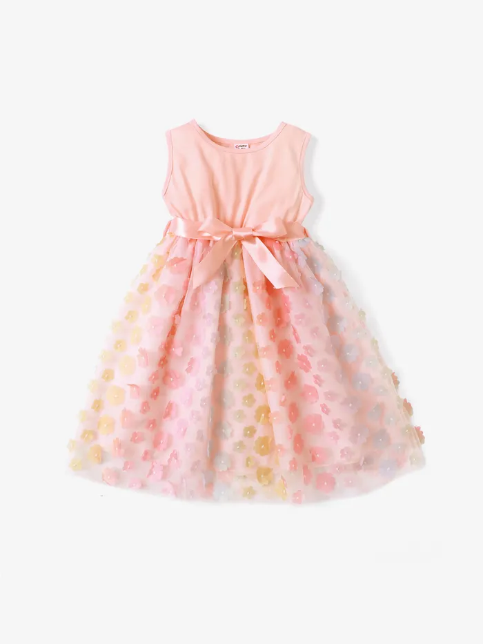 Kid Girl 3D Floral Design Mesh Splice Belted Sleeveless Fairy Dress
