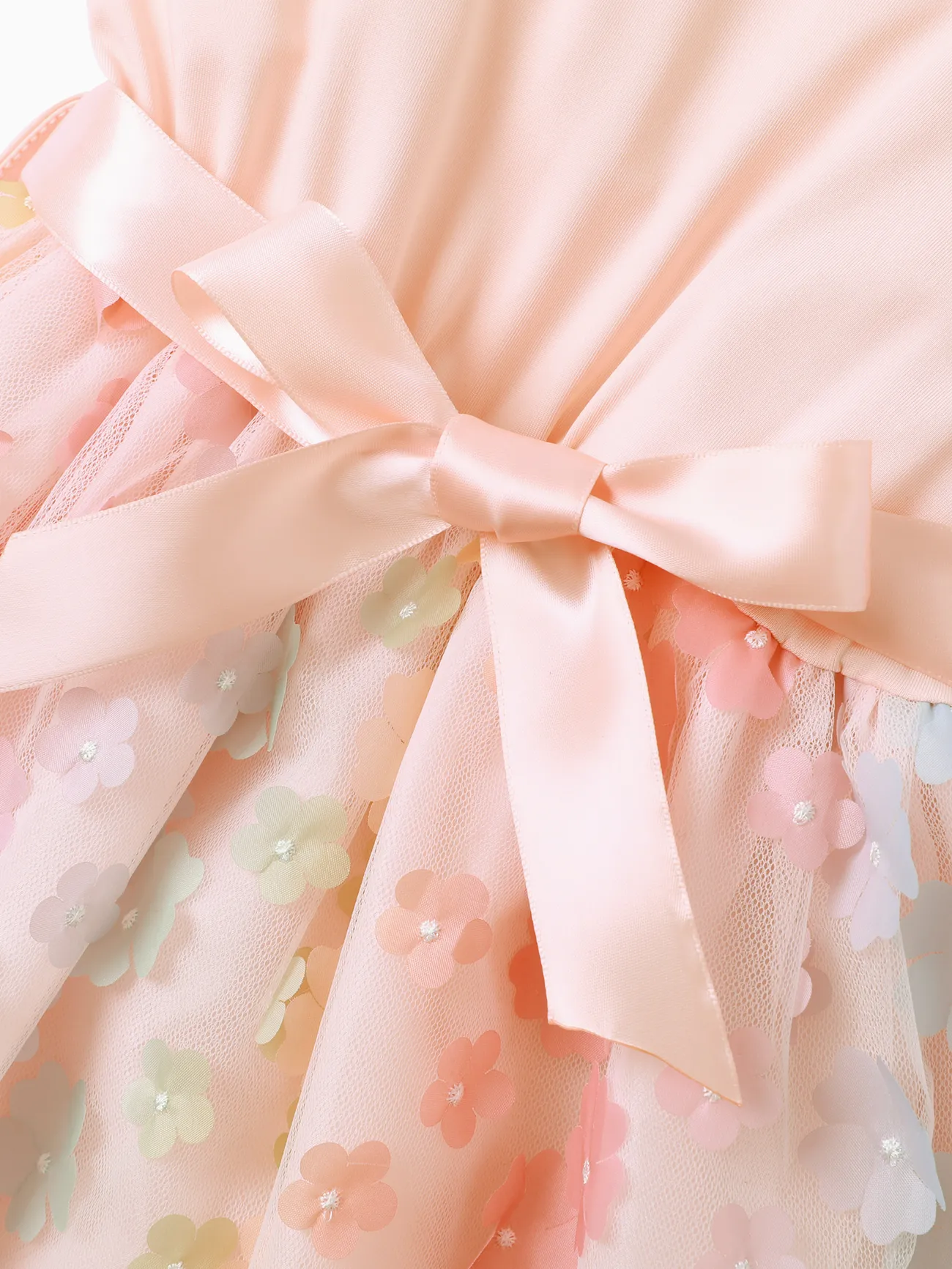 Kid Girl 3D Floral Design Mesh Splice Belted Sleeveless Fairy Dress Pink big image 1