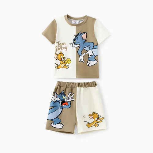 Tom und Jerry Kleinkind Jungen 2pcs Colorblock Lustiges Charakterdruck T-Shirt und Shorts Set