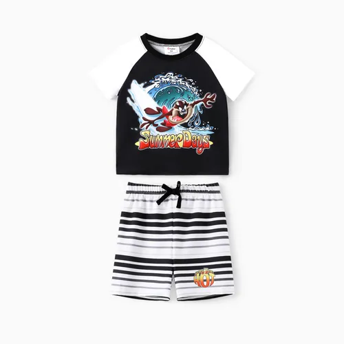 Looney Tunes Kleinkind / Kinder Jungen 2 Stück Sommerstil Surfing Print T-Shirt mit gestreiften Shorts Set