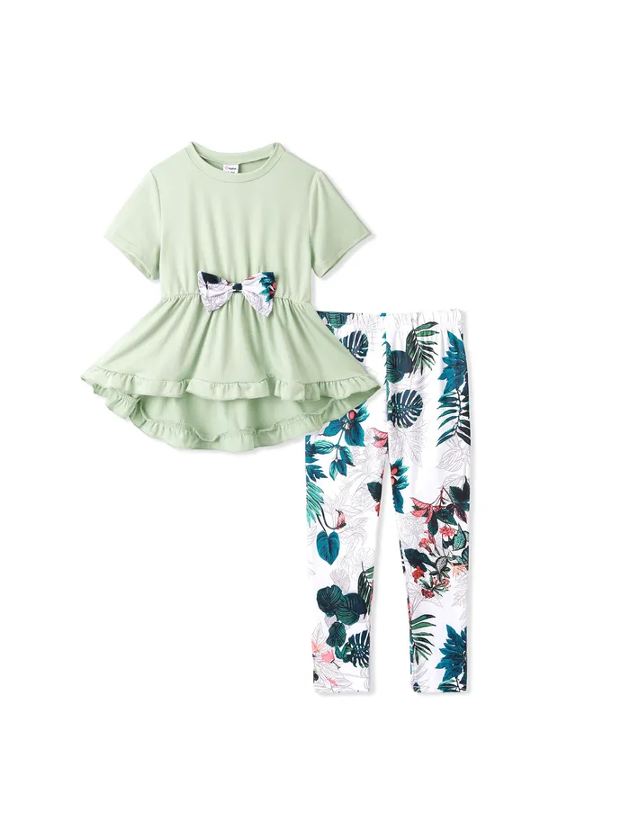 2pcs Kid Girl Bow Front Peplum Top and Plant Floral Pants Set 