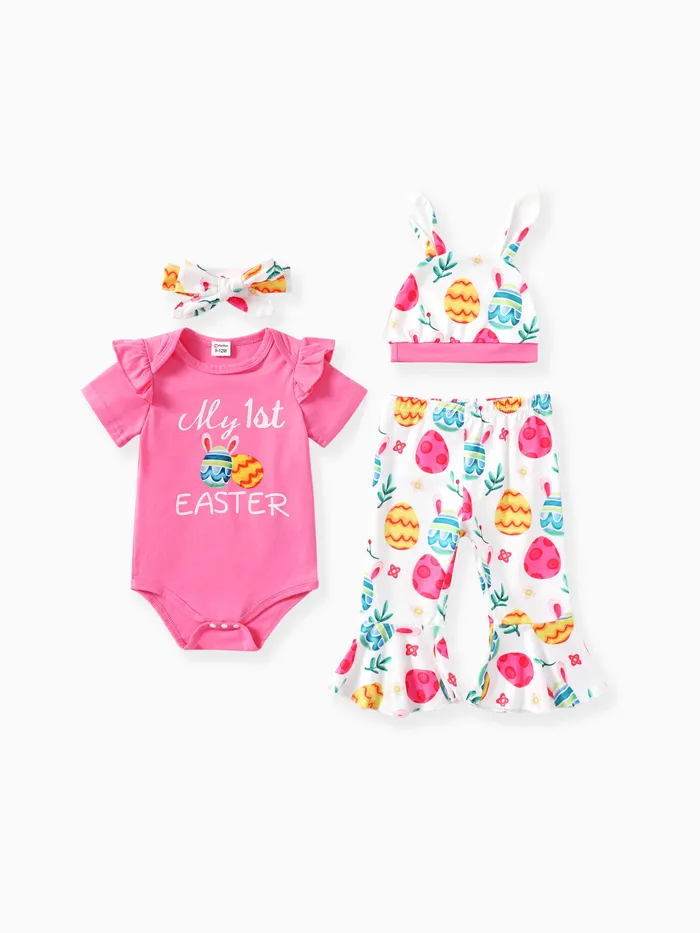 Easter Baby Girl 4pcs Set with Alphabet Print Top, Printed Leggings, Hat and Headband