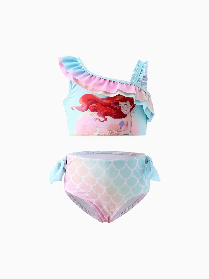 Disney Princess Toddler Girls Ariel 2pcs Tie-dye Magical Gradient Mermaid Print Ruffle Bow Swimsuit