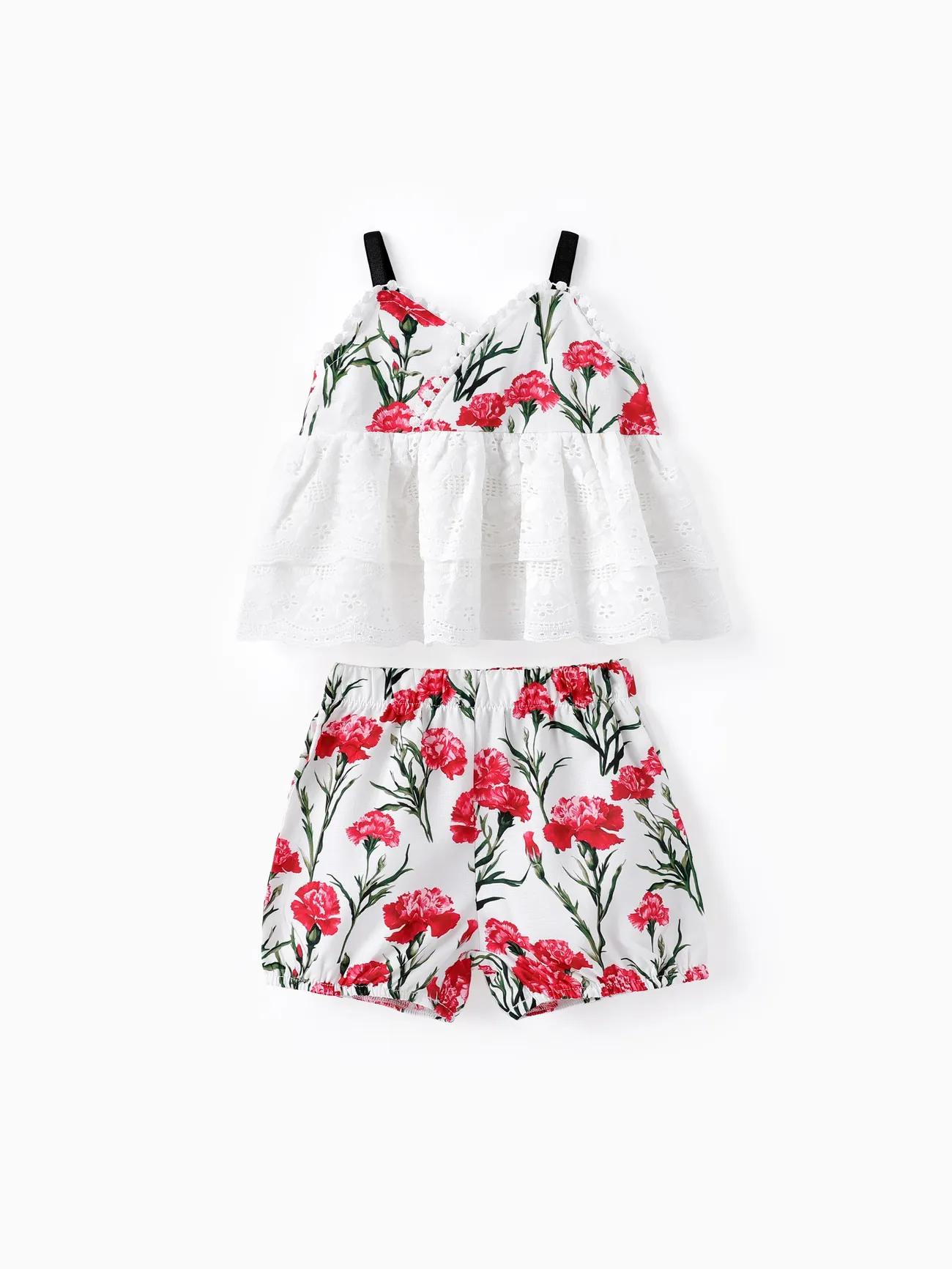 Baby-/Kleinkind-Mädchen 2-teiliges Mesh-Top- und Shorts-Set mit Blumendruck weiß big image 1