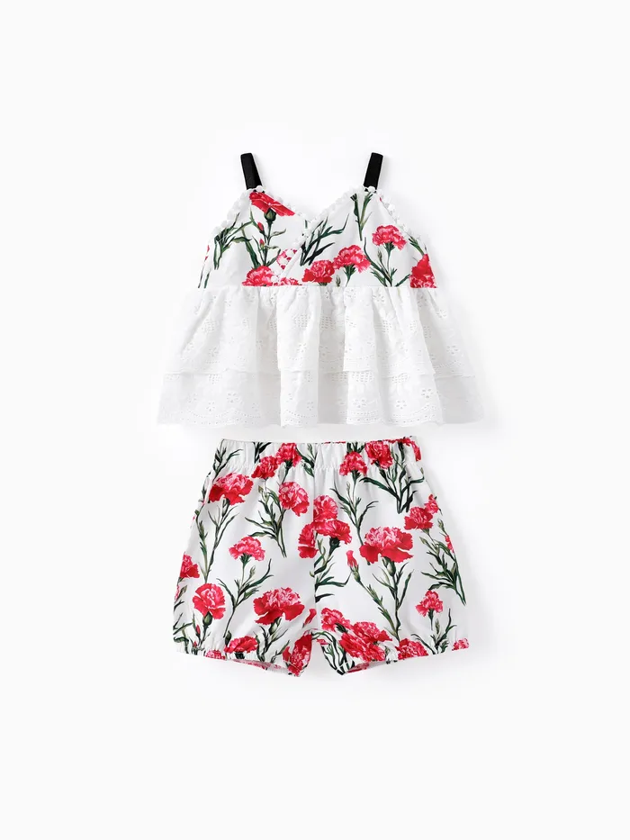 Baby-/Kleinkind-Mädchen 2-teiliges Mesh-Top- und Shorts-Set mit Blumendruck
