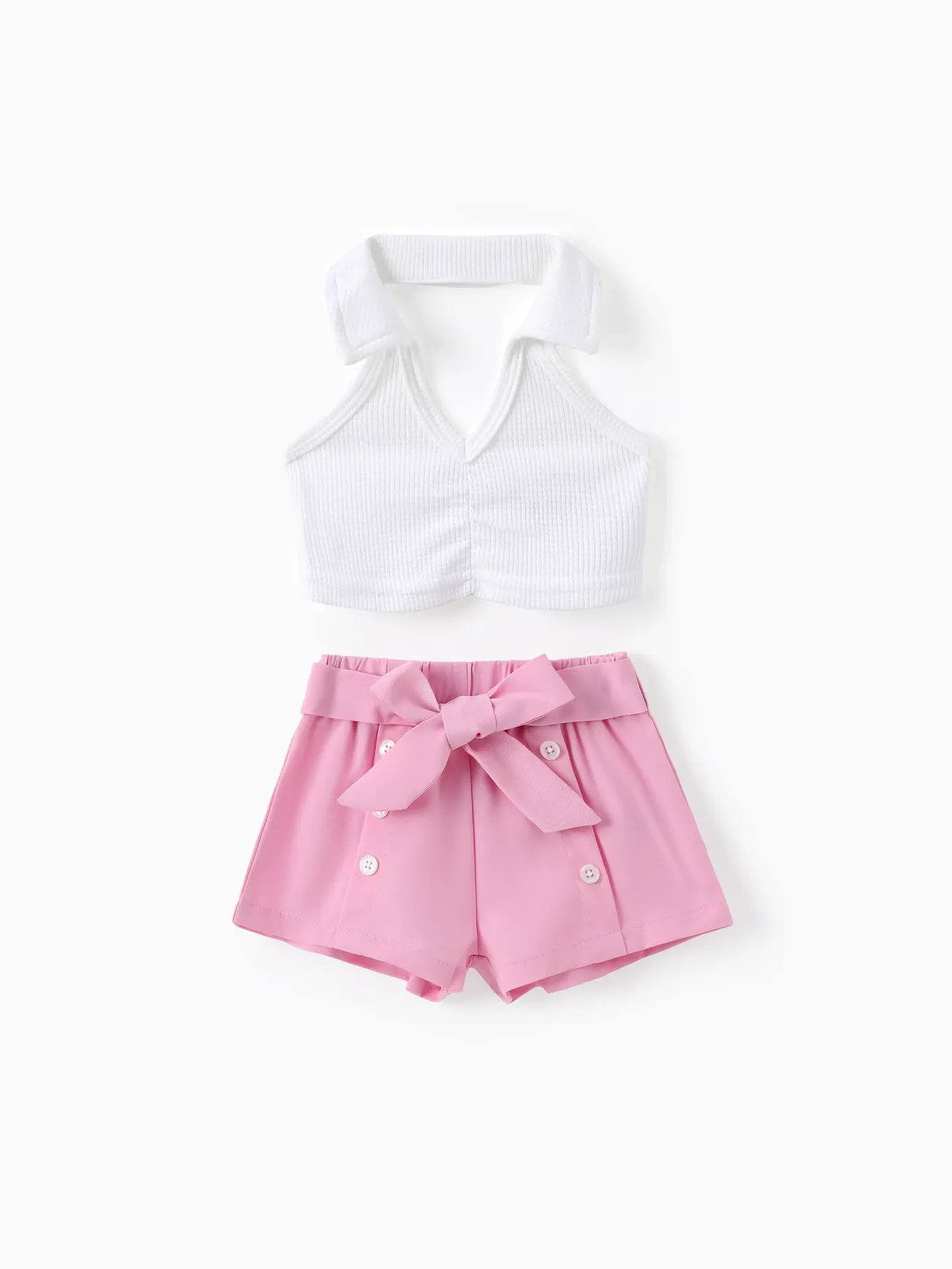 Baby Girl 2pcs Lapel Collar Top and Belted Shorts Set White big image 1
