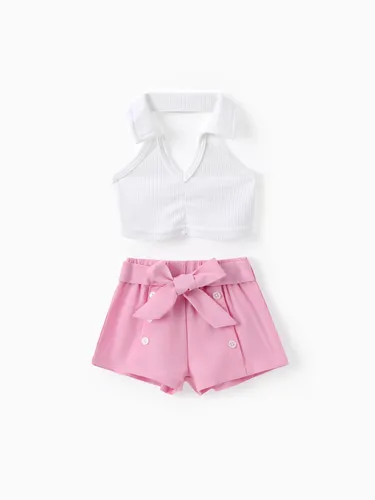 Baby Girl 2pcs Lapel Collar Top and Belted Shorts Set