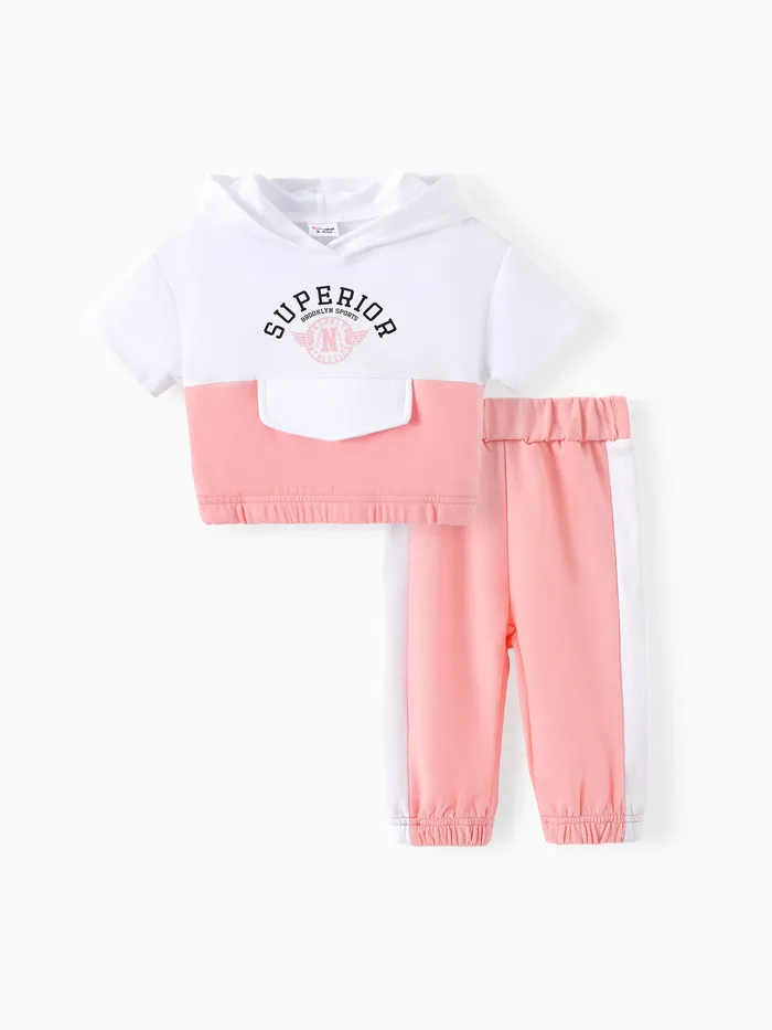 Baby Mädchen 2-teiliges Kapuzen-T-Shirt und -Hosen-Set mit Buchstabendruck