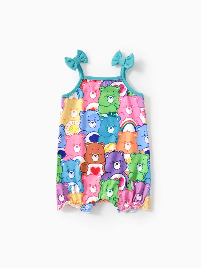 Care Bears Baby Girls 1pc Colorful Bears Allover Rainbow Print with Bowknot Strap Romper