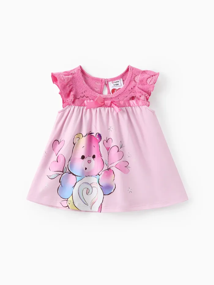Care Bears Baby Mädchen 1 Stück Charakter Herz-Muster Druck Spitze Schleife Flatterärmel Kleid