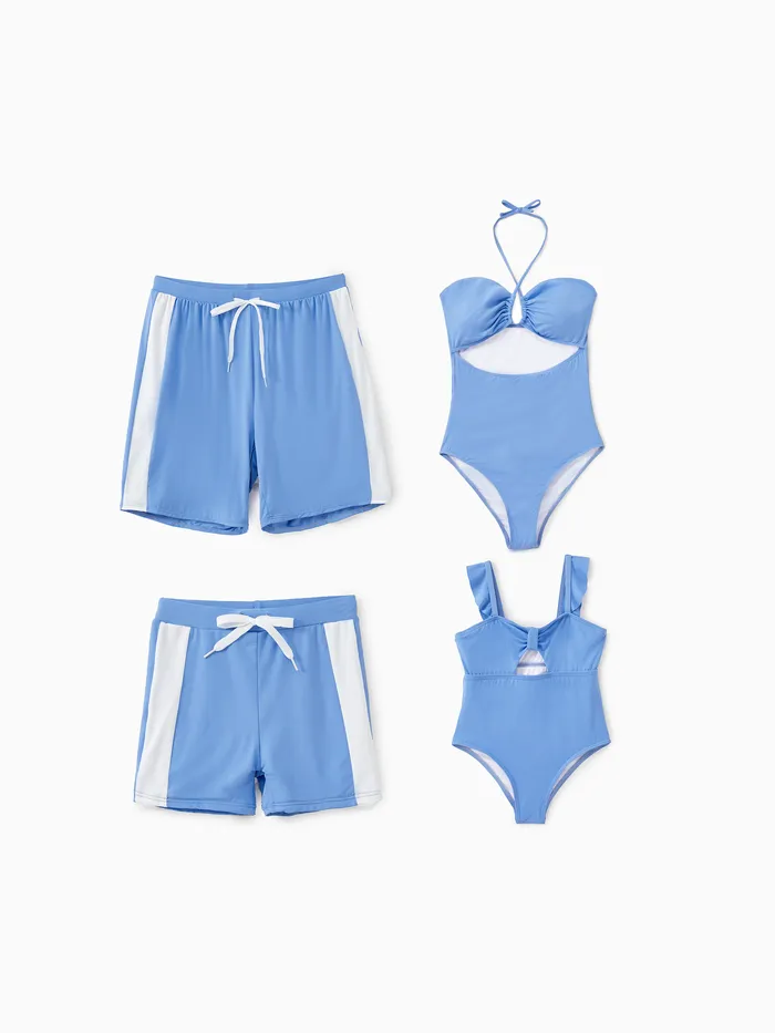 UPF50+ Family Matching Swimsuits Blue Drawstring Swim Trunks or Cross Front Cut Out Halter One-Piece Swimsuit (Sun Protective)
