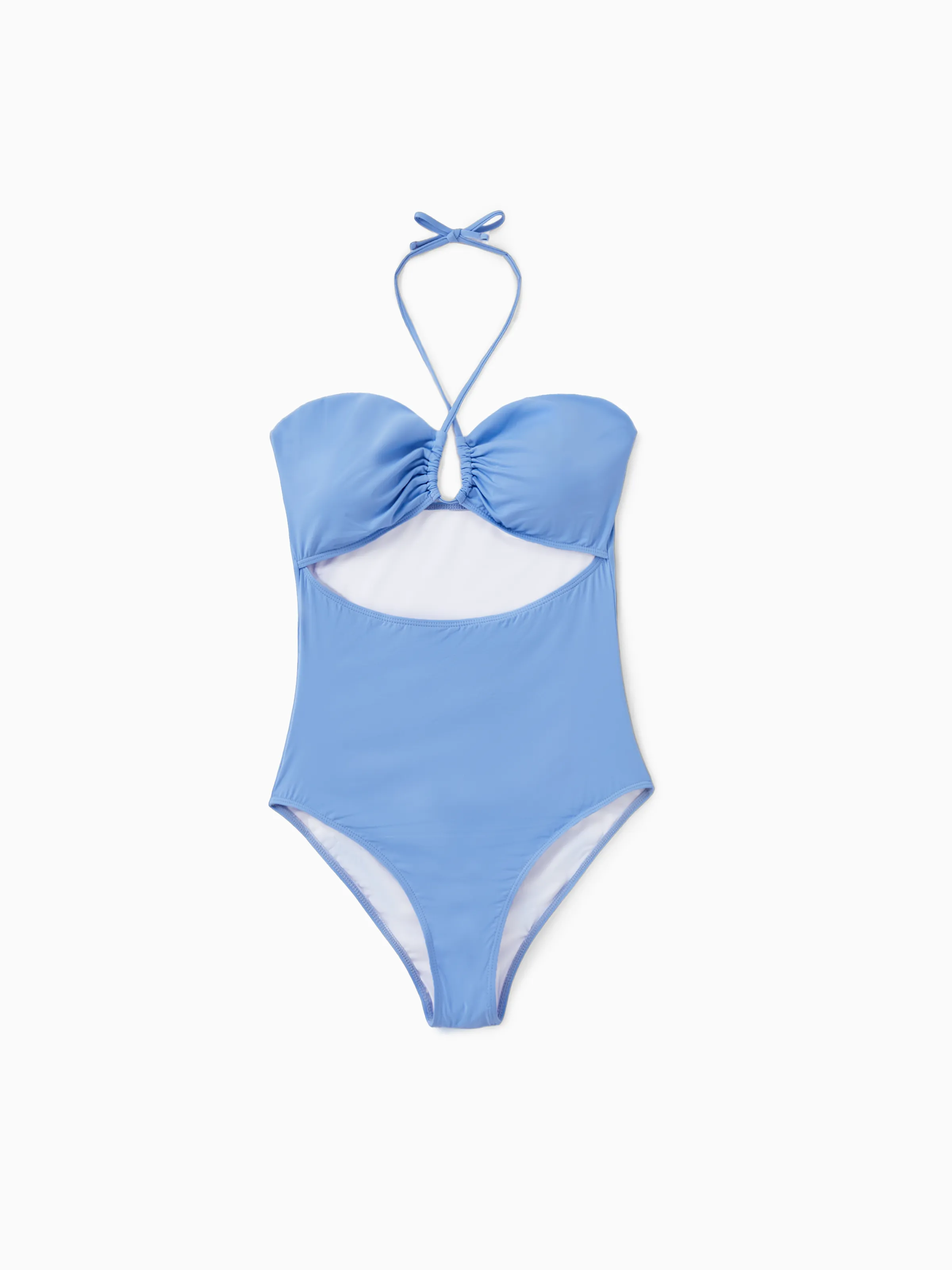 

UPF50+ Family Matching Swimsuits Blue Drawstring Swim Trunks or Cross Front Cut Out Halter One-Piece Swimsuit (Sun Protective)