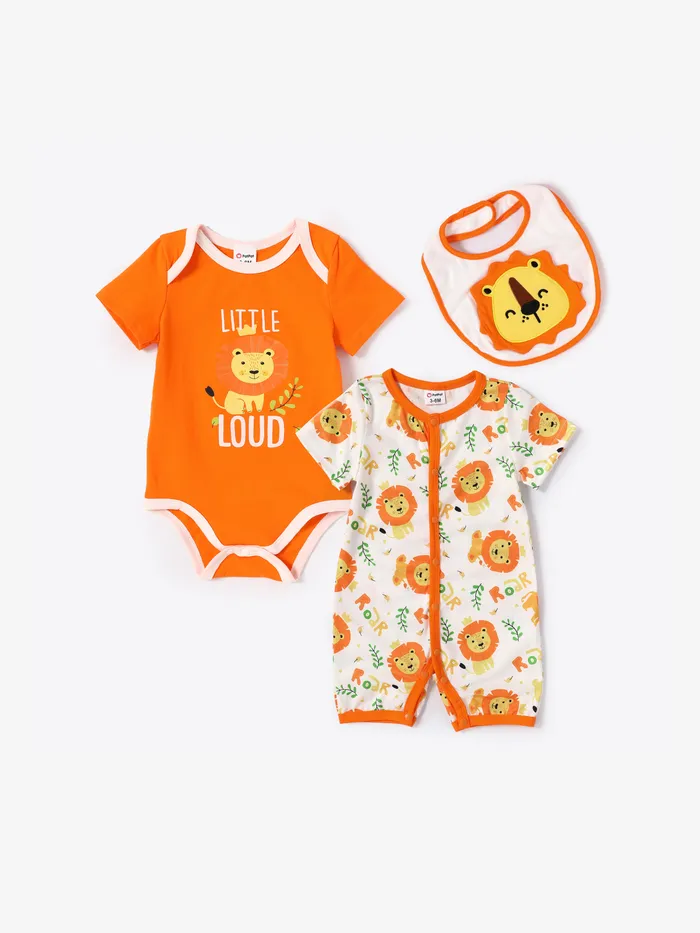Baby Junge/Mädchen 3-teilig Löwen-Print Strampler und Jumpsuit und Lätzchen Set