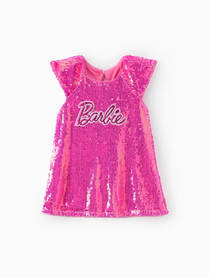 Barbie Niño Pequeño / Niño Niñas 1pc Clásico Barbie Estampado de Letras Lentejuelas Vestido de Mangas Onduladas