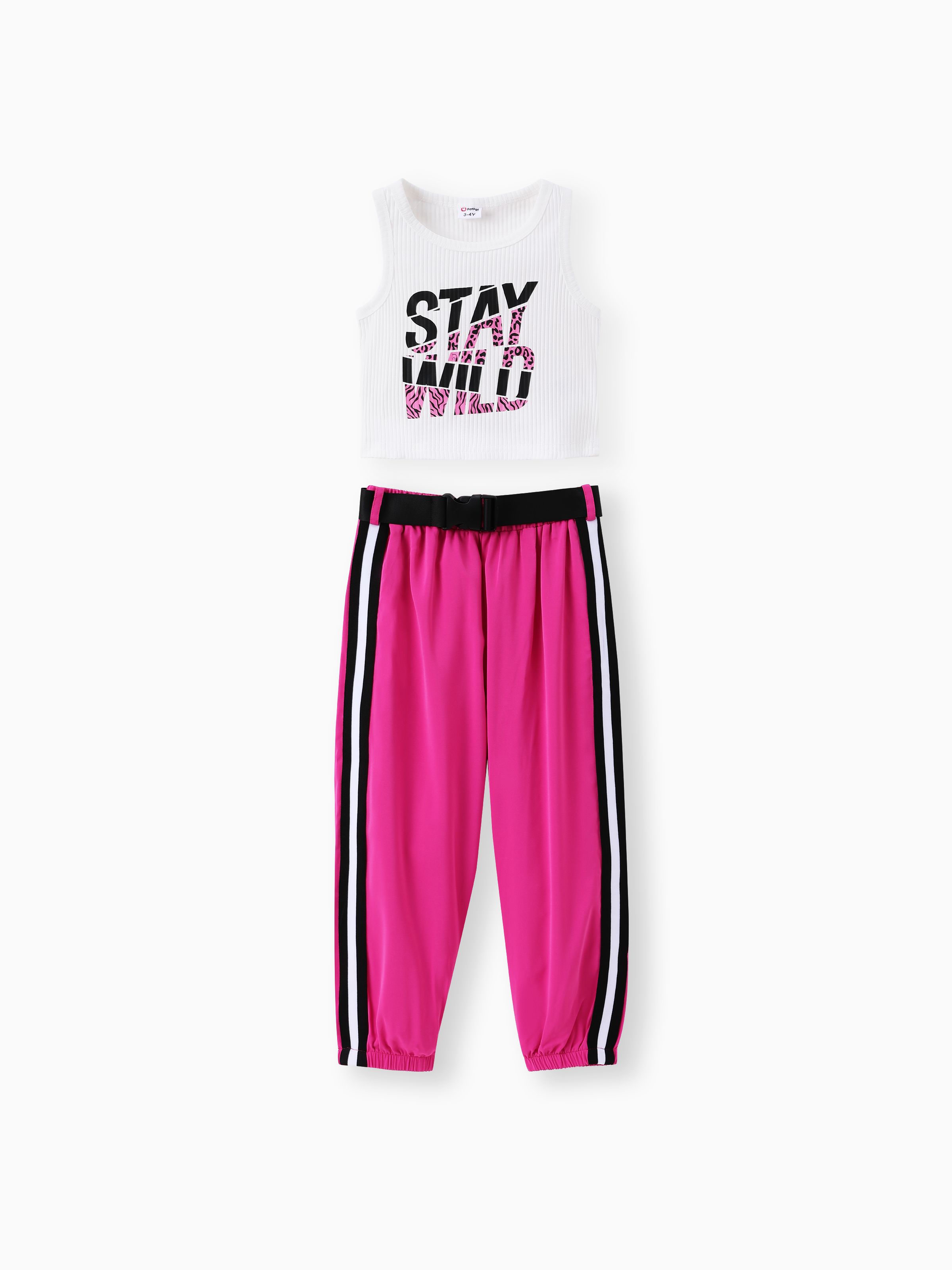 

Toddler Girl 3pcs Sporty Letter Print Tank Top and Sweatpants with Belt Set