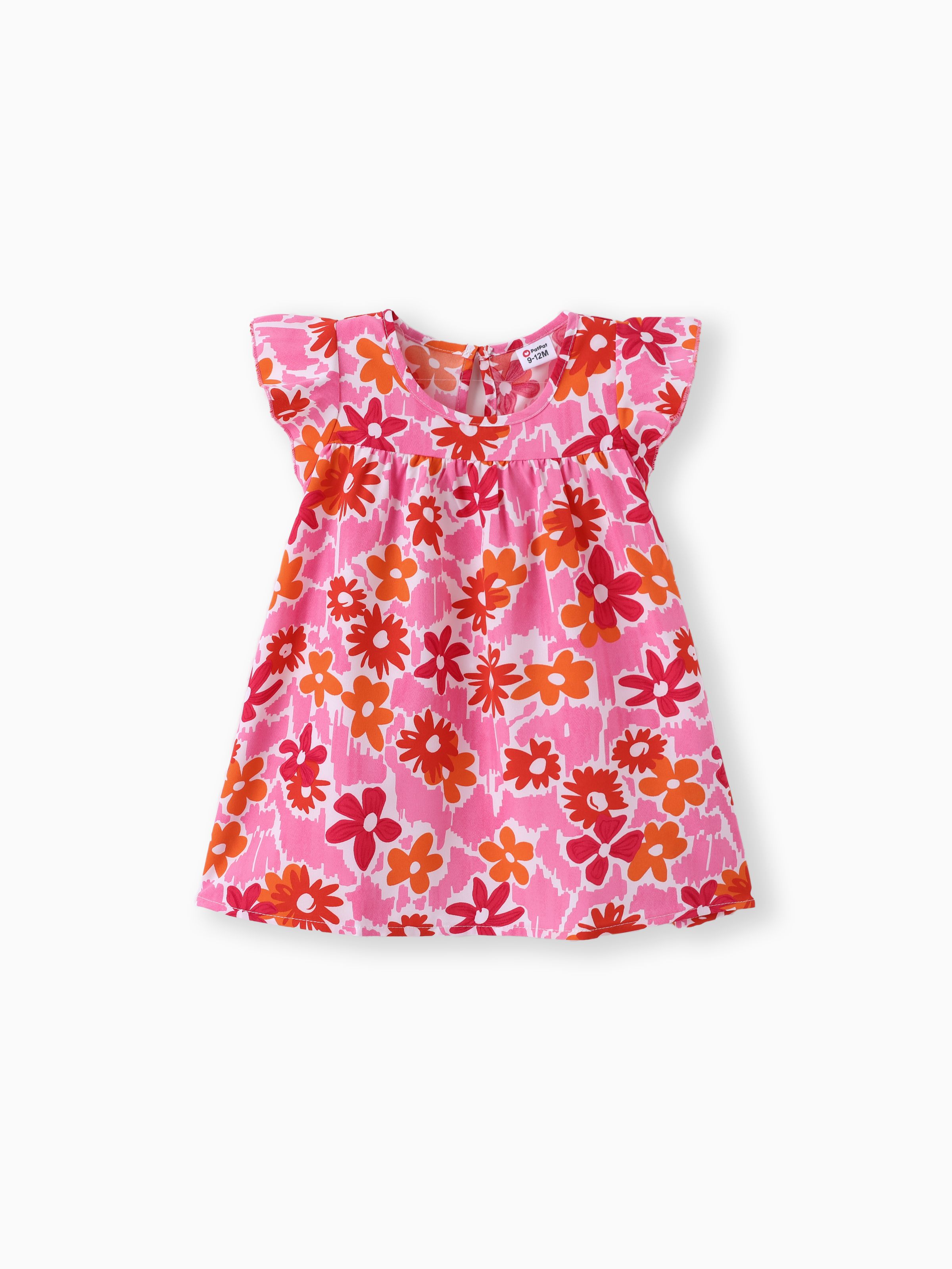 

100% Cotton Baby Girl All Over Floral Print Flutter-sleeve Loose-fit Dress