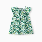 100% Cotton Baby Girl All Over Floral Print Flutter-sleeve Loose-fit Dress Green