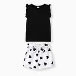 2pcs Kid Girl Flutter-sleeve Tee and Heart Print Belted Shorts Set Black