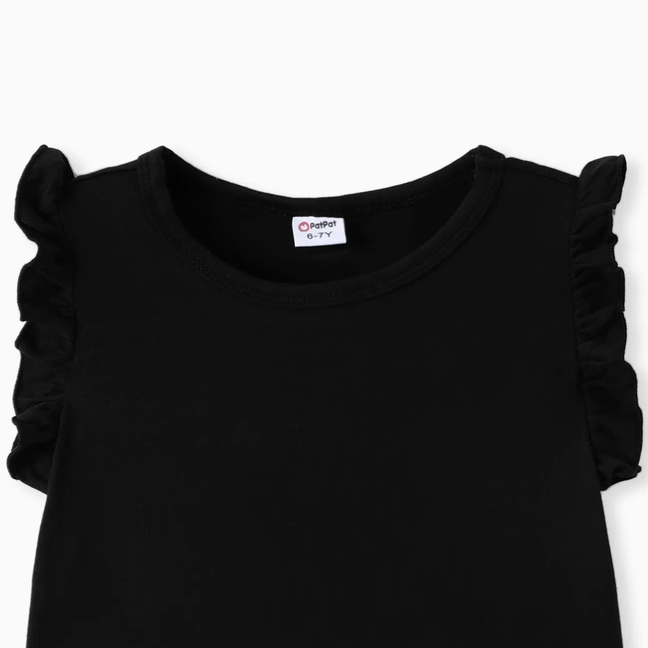 2pcs Kid Girl Flutter-sleeve Tee and Heart Print Belted Shorts Set Black big image 1