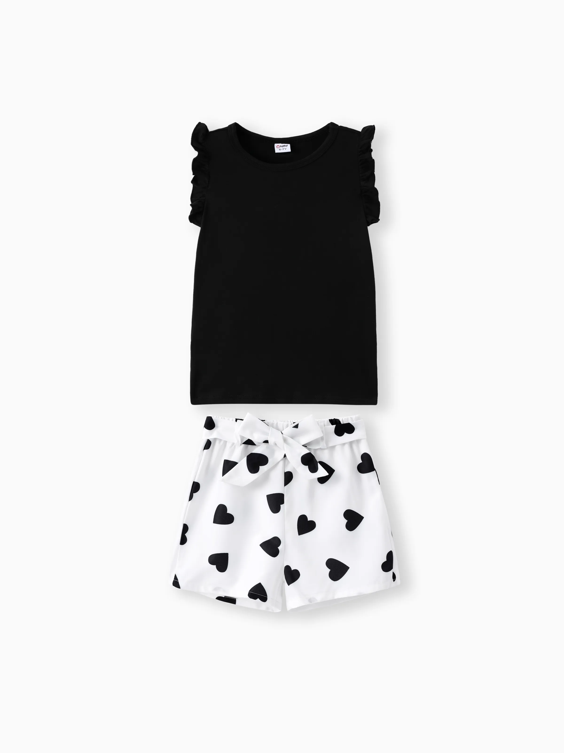 

2pcs Kid Girl Flutter-sleeve Tee and Heart Print Belted Shorts Set