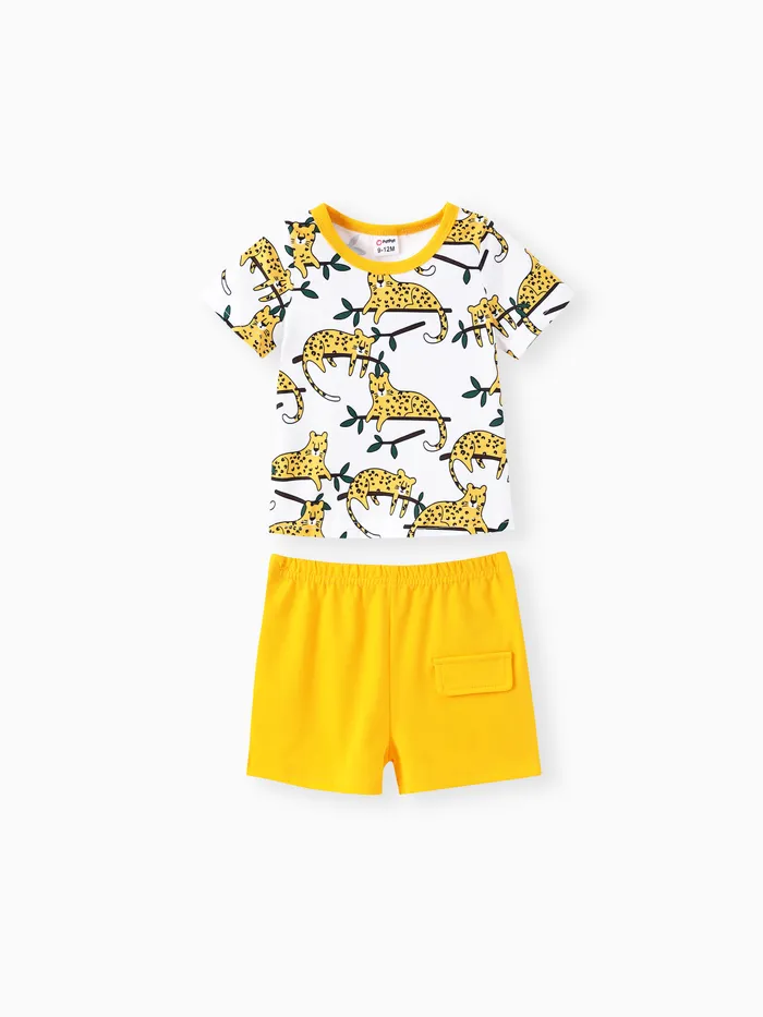 2pcs Baby Boy All Over Dinosaur Print Short-sleeve Tee and Solid Shorts Set