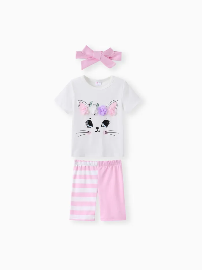 Camiseta y pantalones cortos con estampado de unicornio y diadema para niña pequeña de 3 piezas y juego de diadema