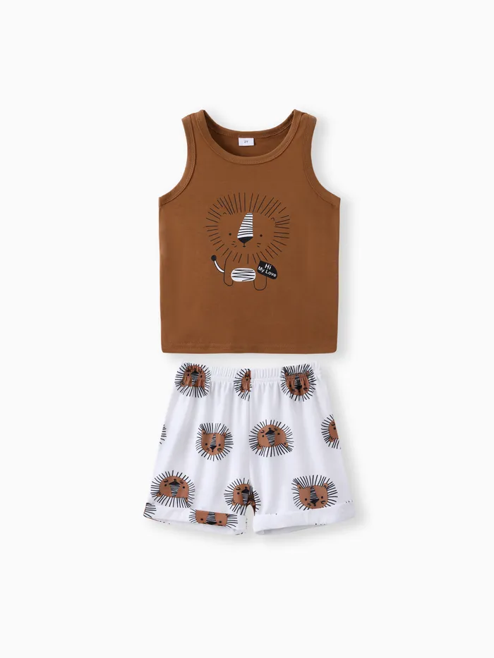 Conjunto de 2 piezas de camiseta sin mangas y pantalones cortos con estampado de león juguetón para niño pequeño