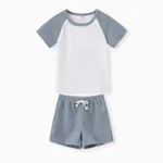 2-piece Toddler Boy Waffle Colorblock Raglan Sleeve Tee and Solid Color Shorts Set Blue
