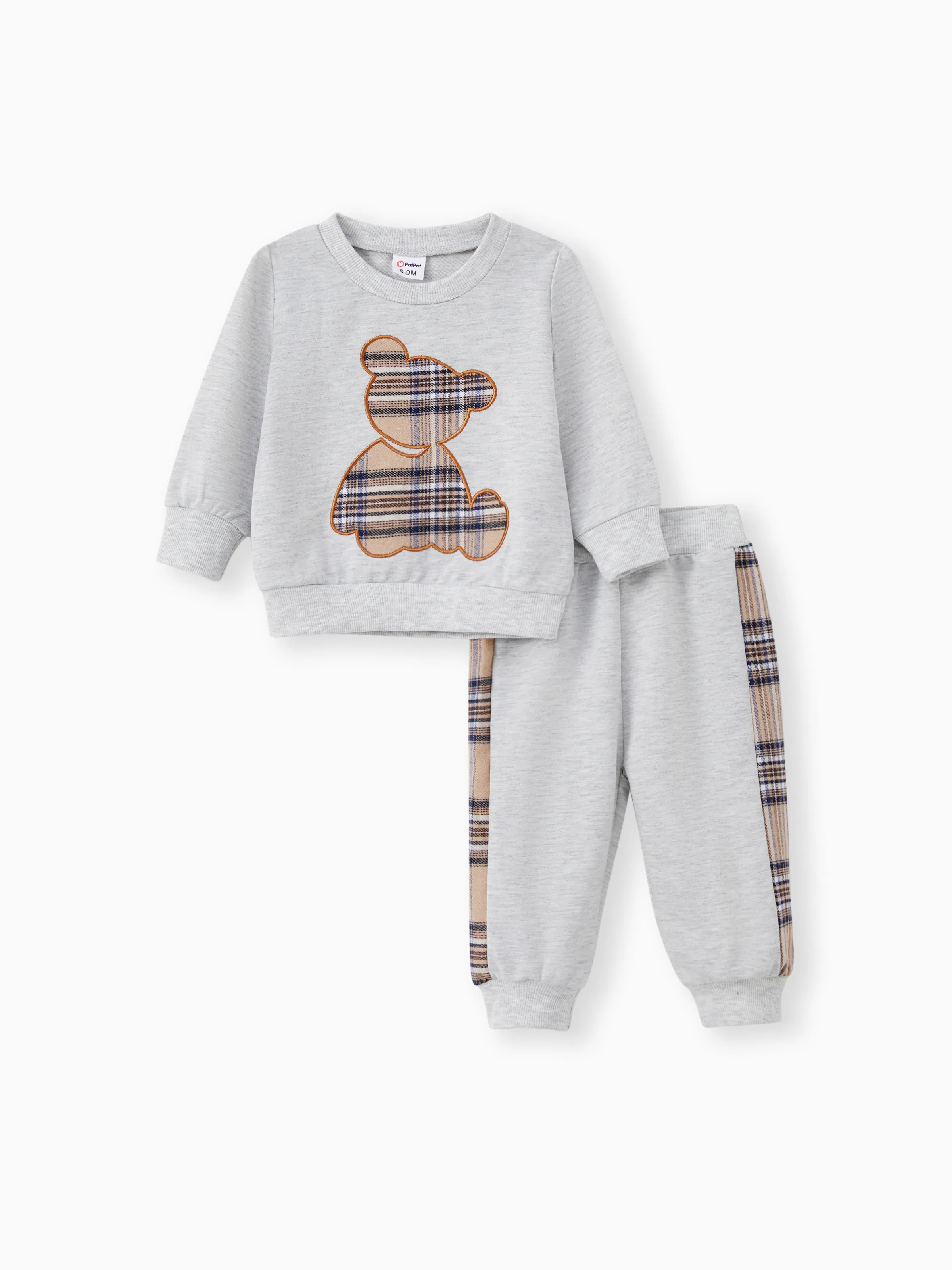 

2pcs Baby Boy/Girl Long-sleeve Plaid Print Bear Embroidered Sweatshirt and Sweatpants Set