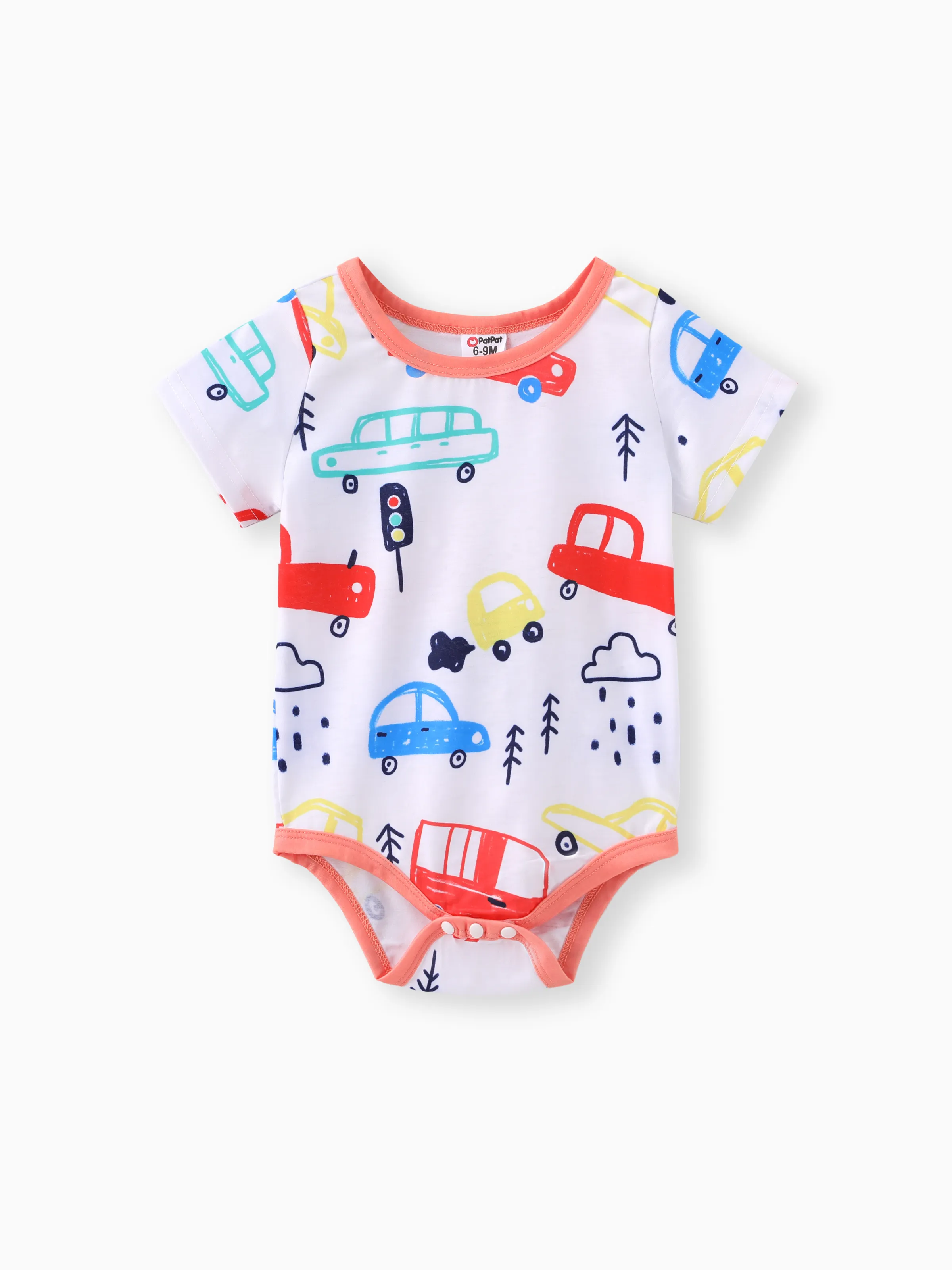 

Baby Boy Cartoon Vehicle Print Grey/White/Colorful Striped Short-sleeve Romper