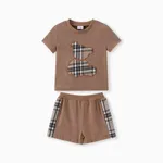 2pcs Baby Boy Plaid Bear Graphic Short-sleeve Tee & Shorts Set Brown