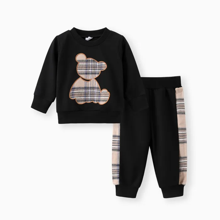 2 قطع طفل صبي / فتاة طويلة الأكمام منقوشة طباعة الدب مطرزة قميص من النوع الثقيل و sweatpants مجموعة