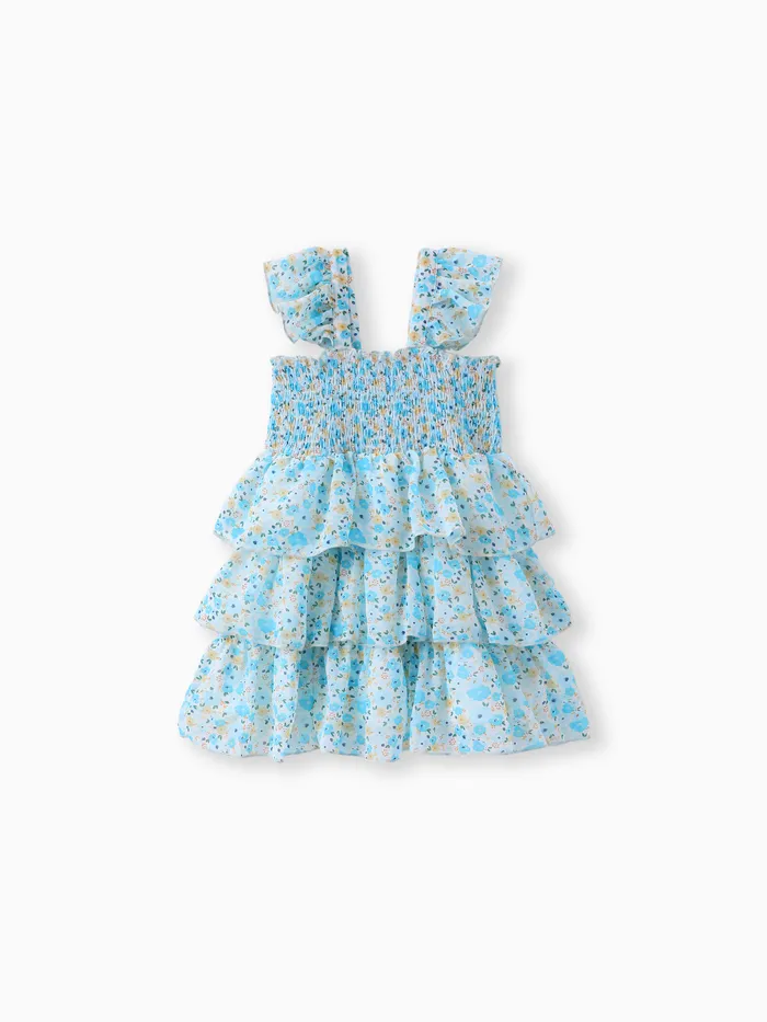 robe sans manches à volants et smocks à imprimé fleuri pour toute-petite fille